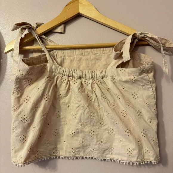 Aerie Tan Embroidered Eyelet Crop Top Tie Shoulder Size S - Picture 6 of 6